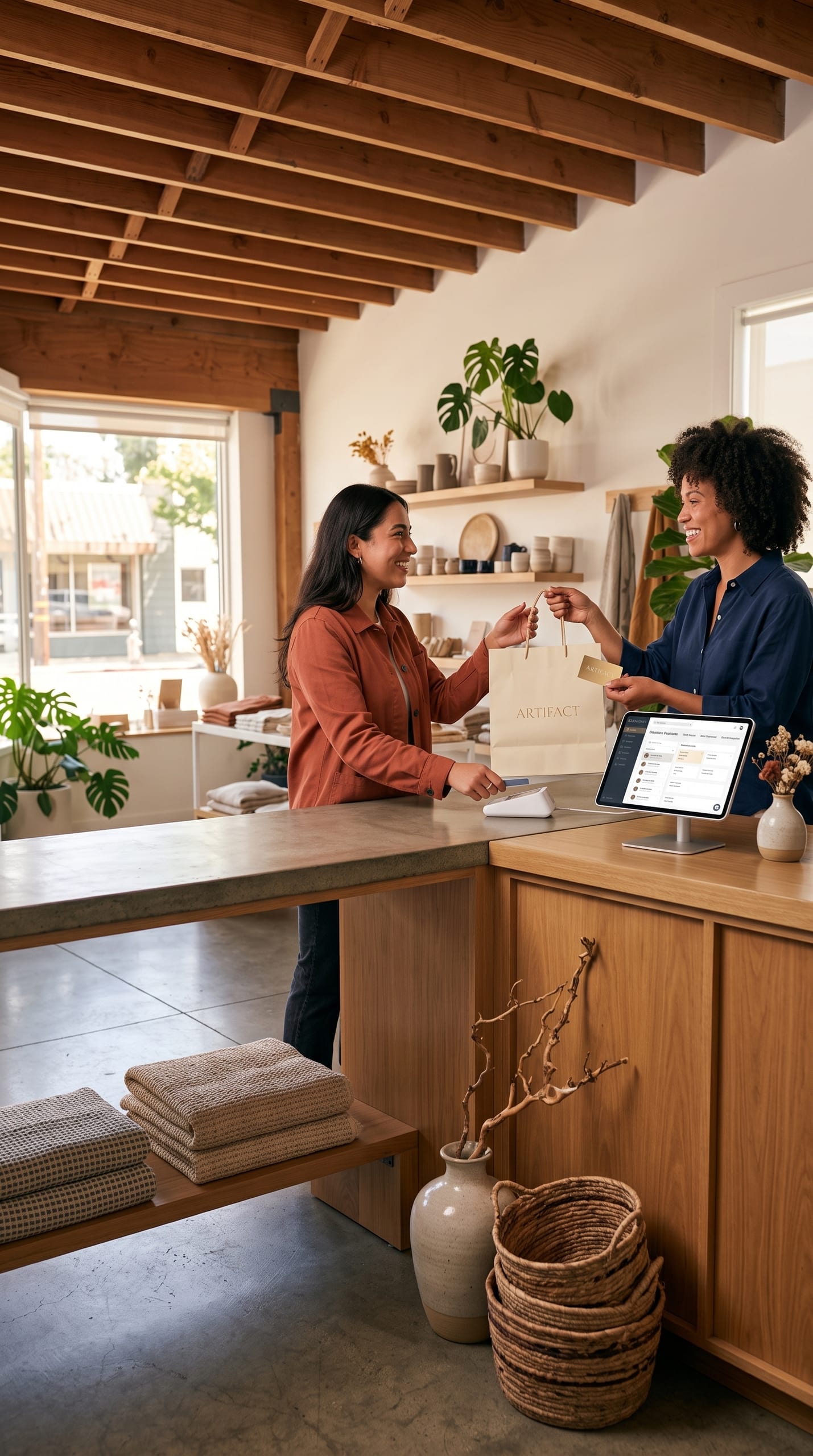 Thriving small business owner serving a customer with modern digital and print branding solutions